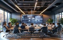 8x8x8企业版使用案例视频封面——企业会议室场景，团队成员共同查看8x8x8内容面板